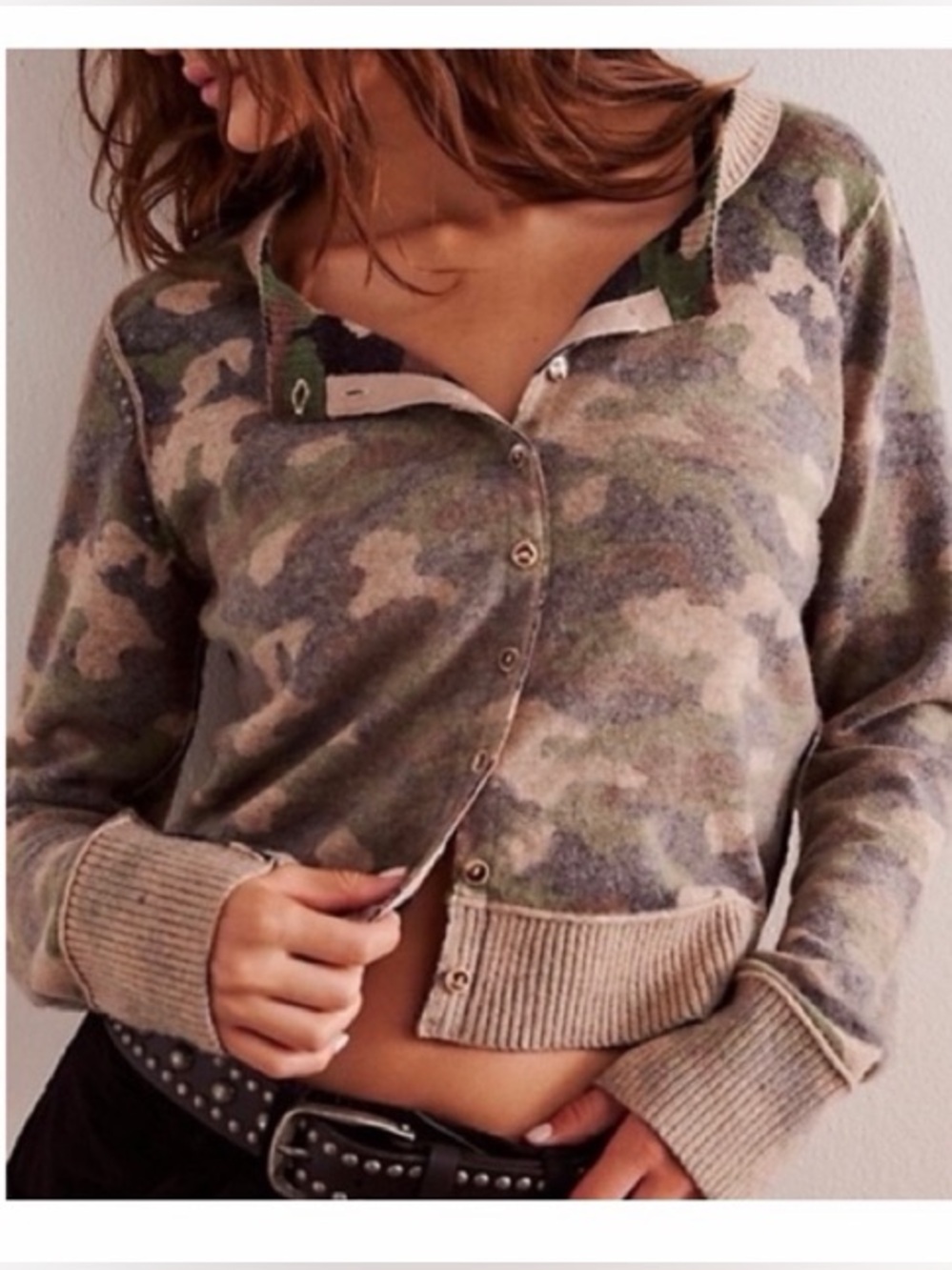 Free People Camo Print Button-Up Cardigan in Green, Tan & Cream